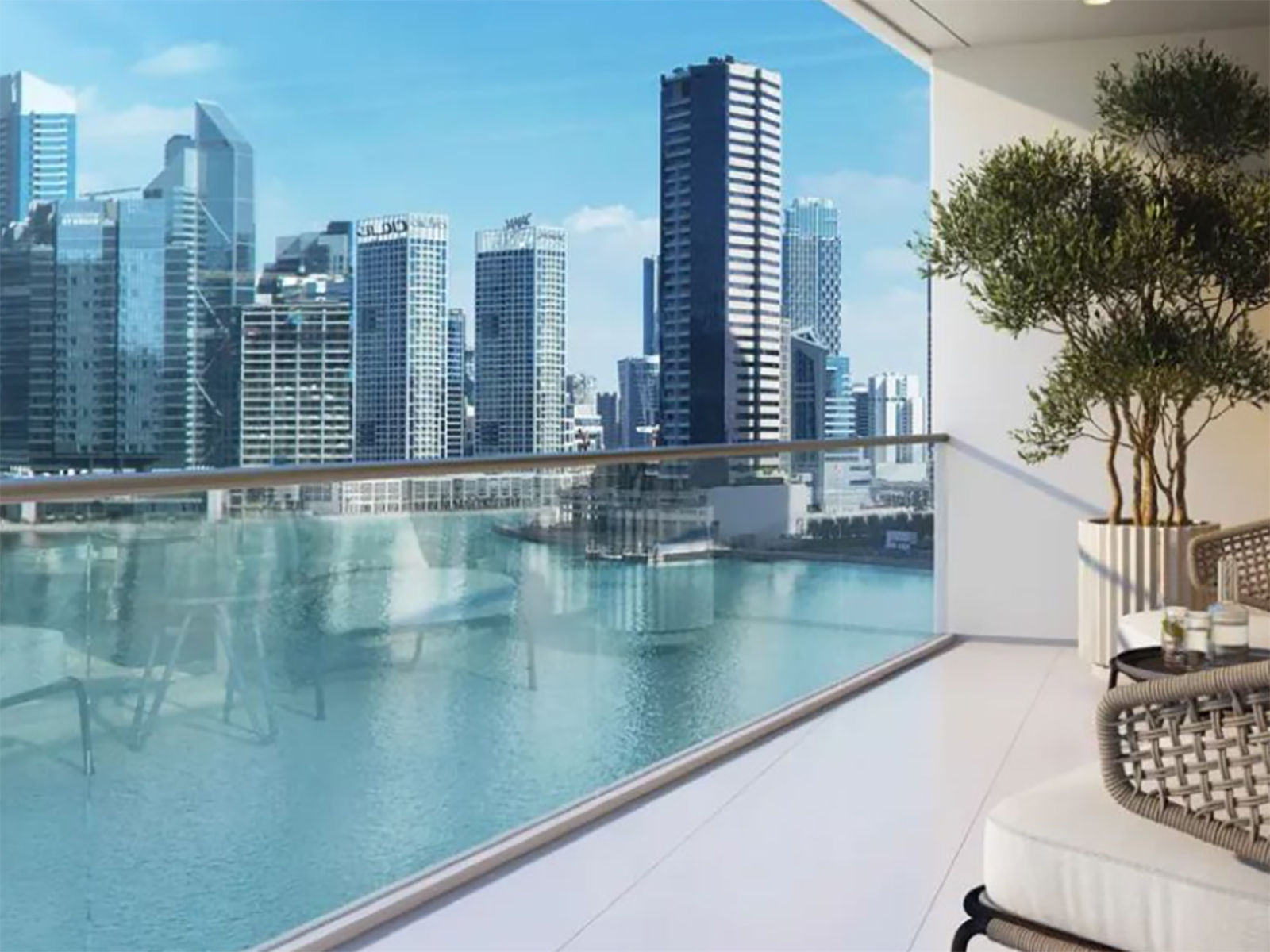 2BR G1 Living Burj and Canal view distress balcony view