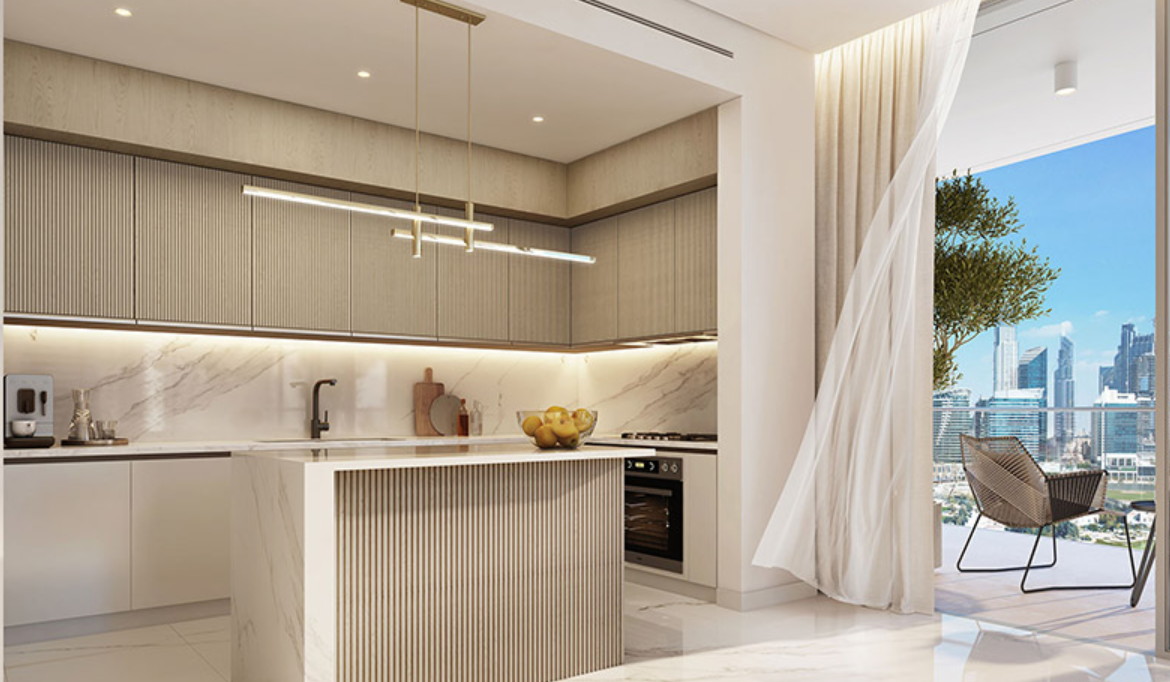 2BR G1 Living Burj and Canal view distress kitchen