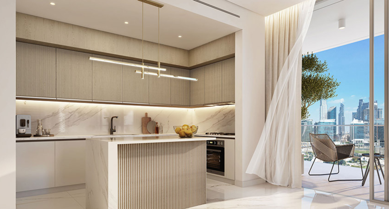 2BR G1 Living Burj and Canal view distress kitchen
