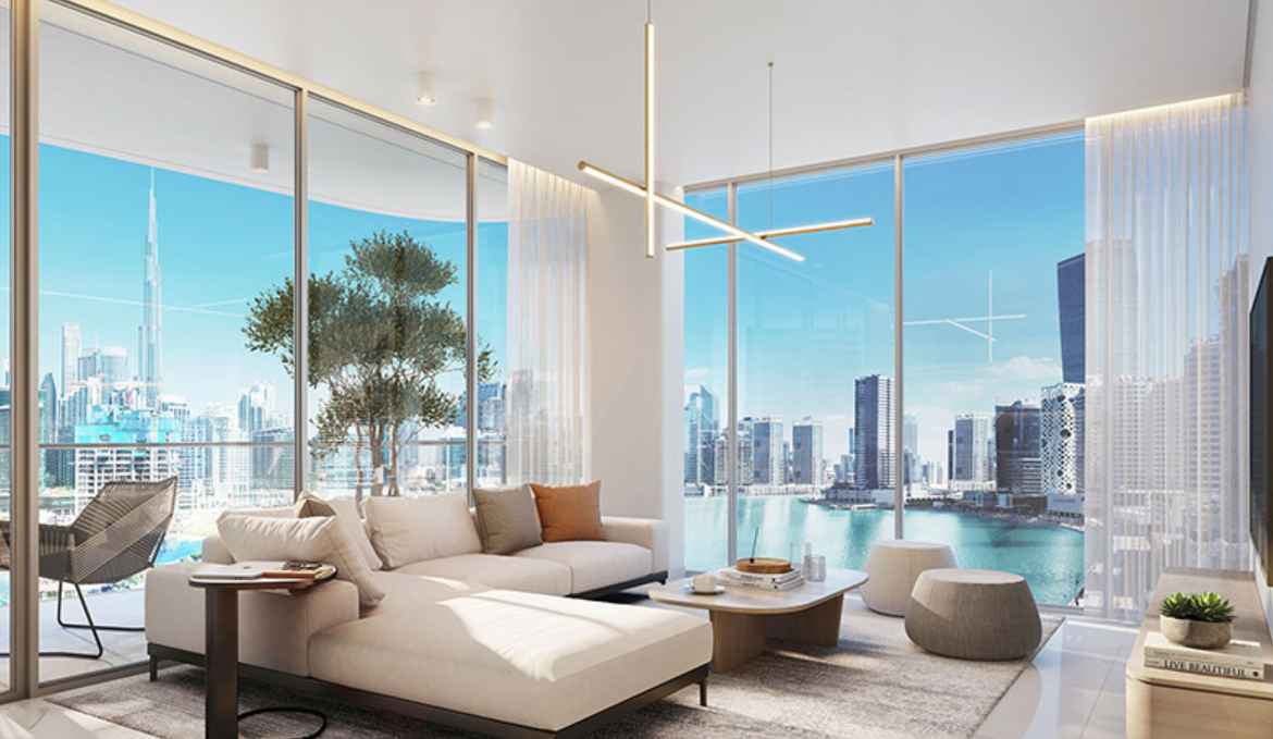 2BR G1 Living Burj and Canal view distress Living room corner