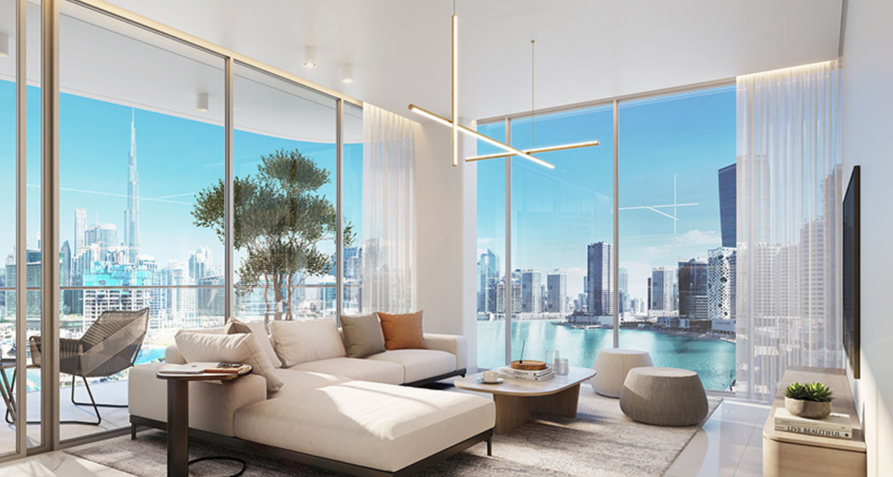 2BR G1 Living Burj and Canal view distress Living room corner
