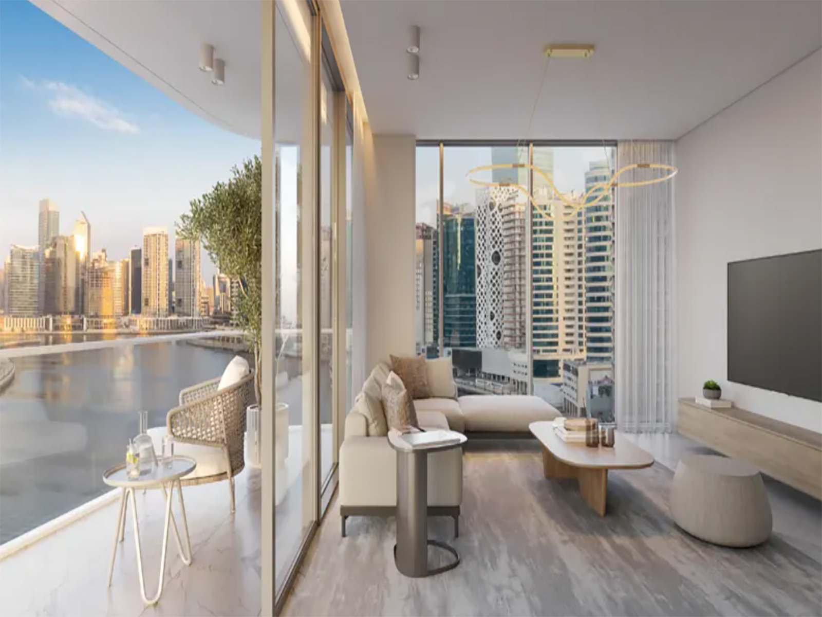 2BR G1 Living Burj and Canal view distress living room and terrace