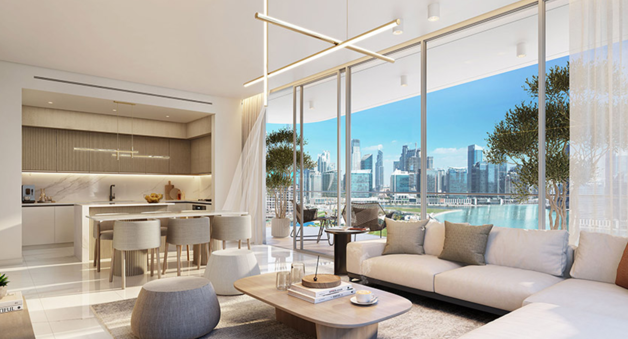 2BR G1 Living Burj and Canal view distress living corner