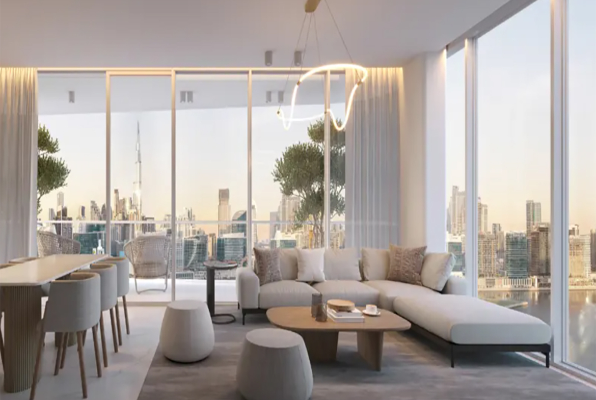 2BR G1 Living Burj and Canal view distress living room