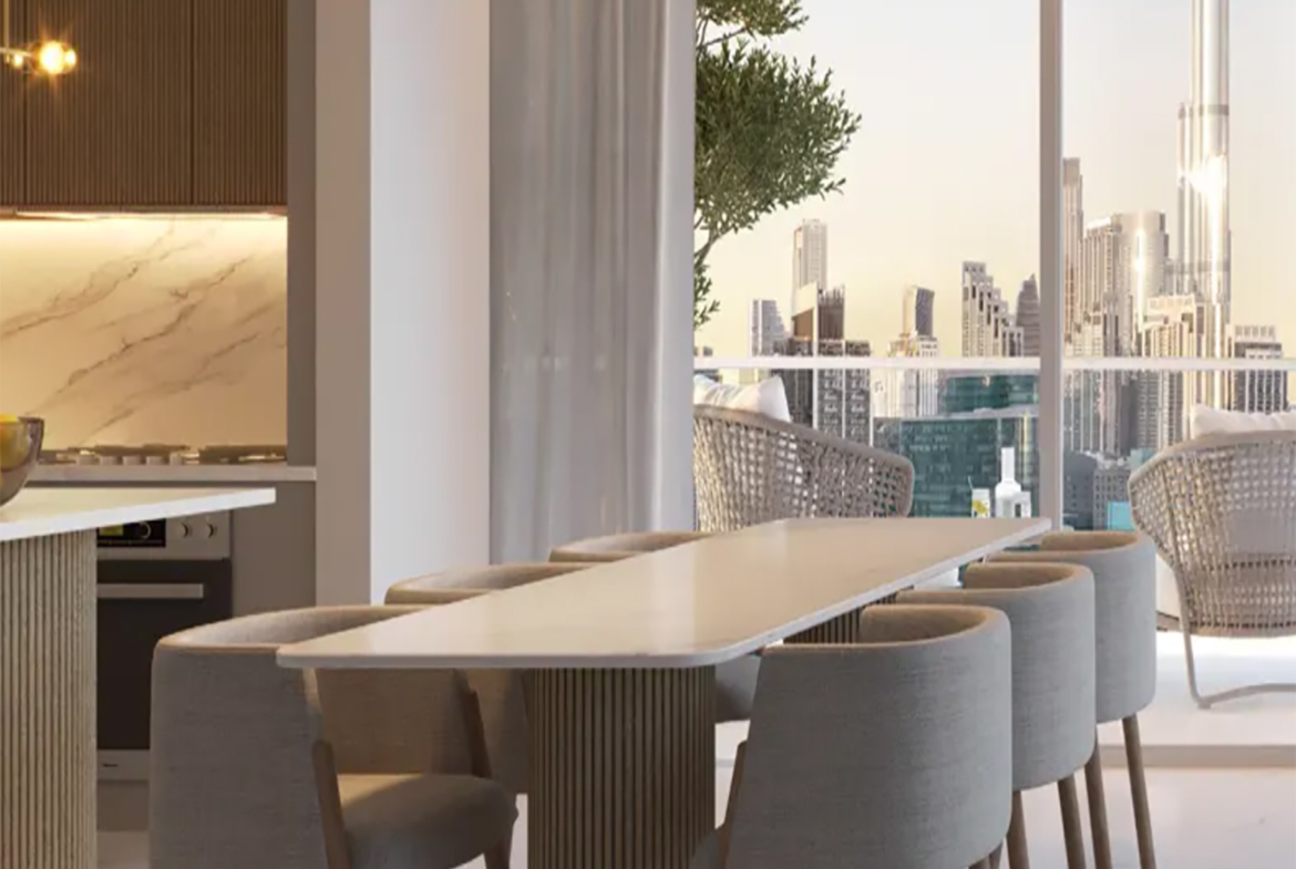 2BR G1 Living Burj and Canal view distress dining area
