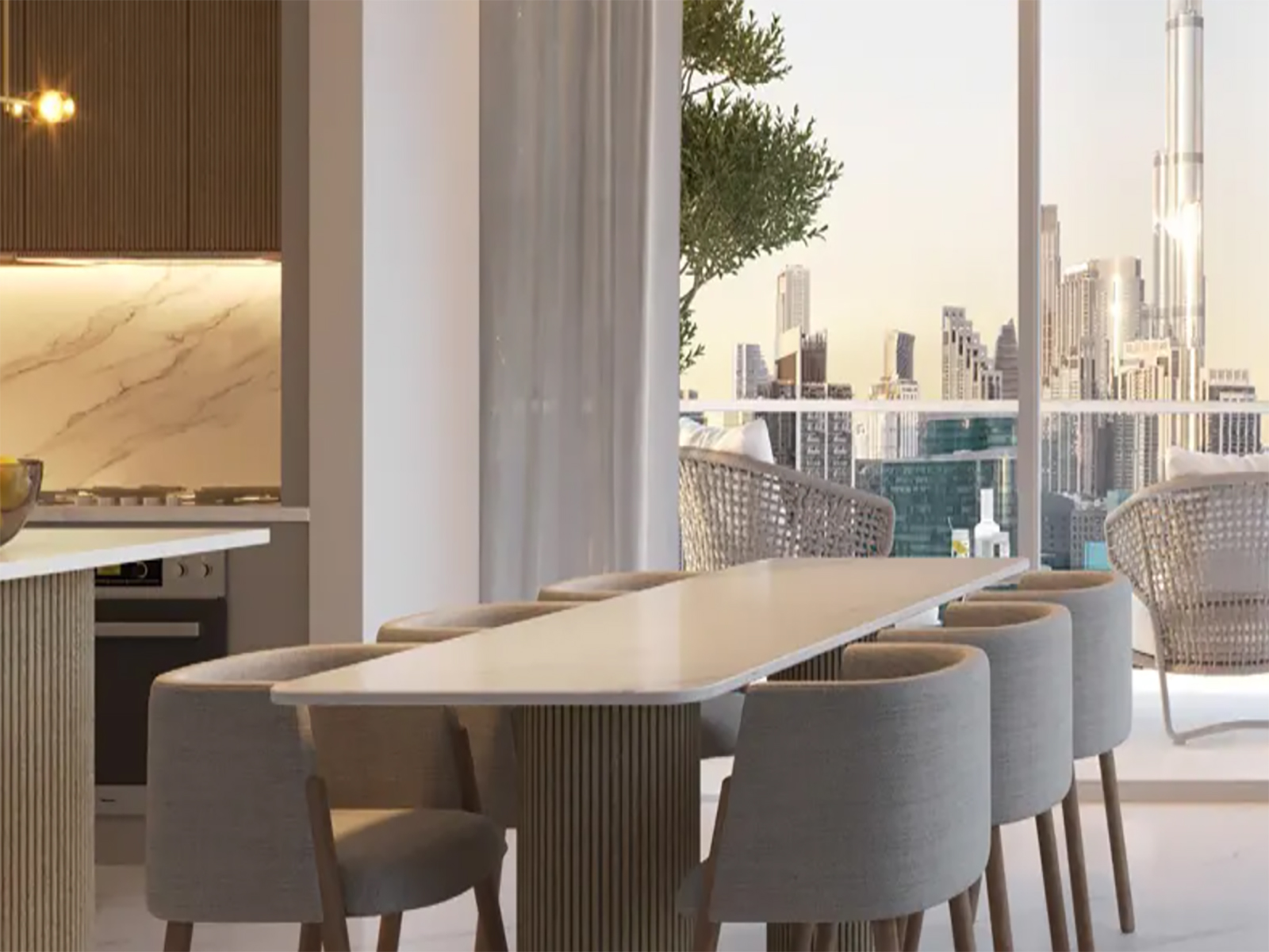 2BR G1 Living Burj and Canal view distress dining area